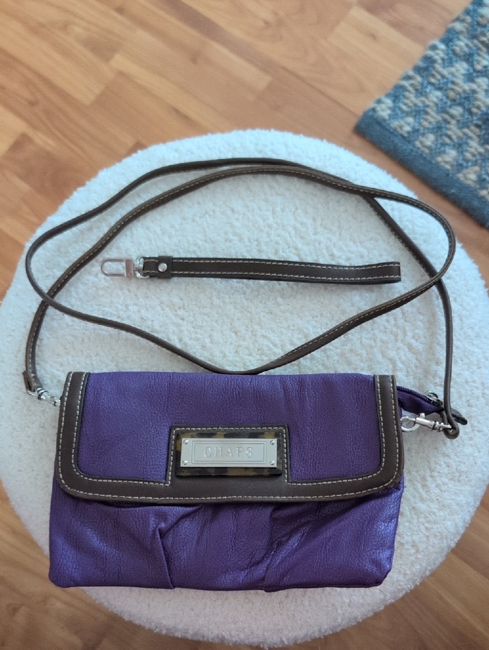 Chaps Purple Crossbody Bag with Brown Trim Long Crossbody Strap Or Wristlet Stra